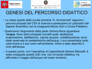 GENESI DEL PERCORSO DIDATTICO
- Le classi quarte della scuola primaria “A. Ammannati” seguono i
percorsi proposti dal CIDI di scienze e partecipano ai Laboratori del
Sapere Scientifico con le insegnanti Monia Gori e Cinzia Palladino.
- Quest'anno l'argomento della parte chimico-fisica riguardava
l'acqua. Sono stati sviluppati concetti quali: ebollizione,
evaporazione, distillazione, vapore acqueo, cristallizzazione; sono
state osservate le caratteristiche dell'acqua, il suo presentarsi sotto
varie forme e il suo ruolo nell’ambiente, infine è stato descritto il
ciclo dell'acqua.
- A questo punto, con l’operatrice di Legambiente Serena Maccelli, è
stata sviluppata questa UdC che, con un'uscita didattica, ha
affrontato il viaggio dell'acqua nel nostro territorio.
 
