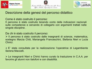 Descrizione della genesi del percorso didattico
Come è stato costruito il percorso:
Il percorso è stato costruito tenendo conto delle indicazioni nazionali
sulle competenze e cercando di collegarlo con argomenti trattati nelle
singole discipline .
Da chi è stato costruito il percorso:
 Il percorso è stato costruito dalle insegnanti di scienze, matematica,
sostegno Marzia Chiti, Mariangela Franceschini, Stefania Nieri e Lucia
Chirici.
 E’ stata consultata per la realizzazione l’operatrice di Legambiente
Serena Maccelli.
 Le insegnanti Nieri e Chirici hanno curato la traduzione in C.A.A. per
favorire gli alunni non italofoni e con disabilità.
 