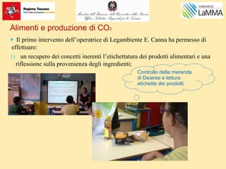 Alimenti e produzione di CO2
 Il primo intervento dell’operatrice di Legambiente E. Canna ha permesso di
effettuare:
1) un recupero dei concetti inerenti l’etichettatura dei prodotti alimentari e una
riflessione sulla provenienza degli ingredienti;
Controllo della merenda
di Desiree e lettura
etichette dei prodotti.
 