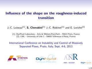 Inﬂuence of the shape on the roughness-induced
transition
J.-C. Loiseau(1) , S. Cherubini(1) J.-C. Robinet(1) and E. Leriche(2)
(1): DynFluid Laboratory - Arts & M´tiers-ParisTech - 75013 Paris, France
e
(2): LML - University of Lille 1 - 59655 Villeneuve d’Ascq, France

International Conference on Instability and Control of Massively
Separated Flows, Prato, Italy, Sept. 4-6, 2013

ANR – SICOGIF

1/20

 