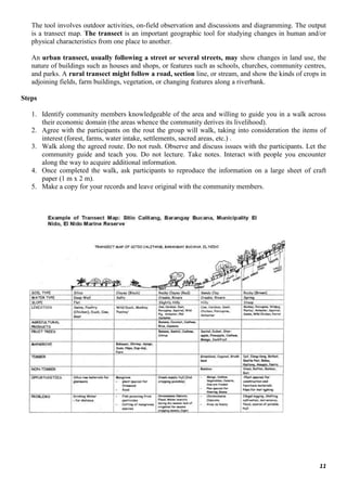 11
The tool involves outdoor activities, on-field observation and discussions and diagramming. The output
is a transect map. The transect is an important geographic tool for studying changes in human and/or
physical characteristics from one place to another.
An urban transect, usually following a street or several streets, may show changes in land use, the
nature of buildings such as houses and shops, or features such as schools, churches, community centres,
and parks. A rural transect might follow a road, section line, or stream, and show the kinds of crops in
adjoining fields, farm buildings, vegetation, or changing features along a riverbank.
Steps
1. Identify community members knowledgeable of the area and willing to guide you in a walk across
their economic domain (the areas whence the community derives its livelihood).
2. Agree with the participants on the rout the group will walk, taking into consideration the items of
interest (forest, farms, water intake, settlements, sacred areas, etc.) .
3. Walk along the agreed route. Do not rush. Observe and discuss issues with the participants. Let the
community guide and teach you. Do not lecture. Take notes. Interact with people you encounter
along the way to acquire additional information.
4. Once completed the walk, ask participants to reproduce the information on a large sheet of craft
paper (1 m x 2 m).
5. Make a copy for your records and leave original with the community members.
 