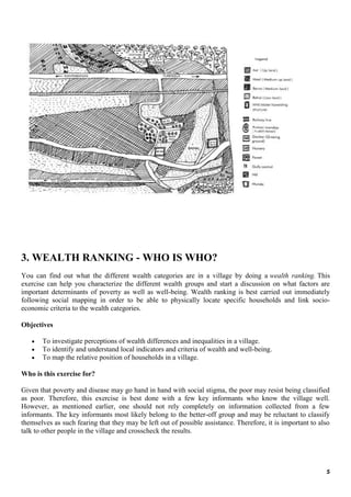 5
3. WEALTH RANKING - WHO IS WHO?
You can find out what the different wealth categories are in a village by doing a wealth ranking. This
exercise can help you characterize the different wealth groups and start a discussion on what factors are
important determinants of poverty as well as well-being. Wealth ranking is best carried out immediately
following social mapping in order to be able to physically locate specific households and link socio-
economic criteria to the wealth categories.
Objectives
To investigate perceptions of wealth differences and inequalities in a village.
To identify and understand local indicators and criteria of wealth and well-being.
To map the relative position of households in a village.
Who is this exercise for?
Given that poverty and disease may go hand in hand with social stigma, the poor may resist being classified
as poor. Therefore, this exercise is best done with a few key informants who know the village well.
However, as mentioned earlier, one should not rely completely on information collected from a few
informants. The key informants most likely belong to the better-off group and may be reluctant to classify
themselves as such fearing that they may be left out of possible assistance. Therefore, it is important to also
talk to other people in the village and crosscheck the results.
 