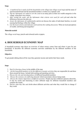 6
Steps
1. A numbered list is made of all the households in the village (see village social map) and the name of
each household head and the household number is written on a separate card.
2. The key informants are asked to sort the cards in as many piles as there are wealth categories in the
village, using their own criteria.
3. After sorting the cards, ask the informants what criteria were used for each pile and what the
differences between the piles are.
4. Assure the informants of confidentiality and do not discuss the ranks of individual families, to avoid
causing bad feelings within the village.
5. List the local criteria and indicators derived from the ranking discussion. What are local perceptions
of wealth, well-being and inequality?
Materials needed
The village social map, pencils and coloured cards or papers.
4. HOUSEHOLD ECONOMY MAP
A household economy map shows an overview of where money comes from and where it goes for one
household. It describes the different economic activities undertaken by the different members of the
households.
Objective
To get people talking about all the ways they generate income and satisfy their basic needs.
Steps
1. Start by drawing a house in the middle of the map.
2. Ask the household members to list the different economic activities they are responsible for and draw
them around the house. Include both earning and spending activities.
3. Discuss the role and interdependence of different household members.
4. Discuss the existence of conflicting demands which necessitates choices being made.
5. Discuss the relative importance of different activities. People may have different opinions about this.
It may be useful and interesting to draw different maps for different household members and
compare the results.
6. Discuss what they like and dislike about different activities and what they would like to change if
they could.
 