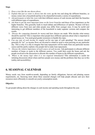 9
Steps
1. Draw a tree like the one shown above.
2. Explain that just as water is drawn into the roots, up the tree and along the different branches, so
money comes into a household and has to be channelled towards a variety of expenditures.
3. Ask participants to label the roots with their different sources of cash income and label the branches
with different types of expenditures.
4. Ask them to put the most important items on the lower branches and those of less importance on the
higher branches. This generally leads to much debate and differences of opinion. Women will have
different views from men and older people may differ from younger ones. It may be useful and
interesting to get different members of the household to make separate versions and compare the
results.
5. Discuss the competing demands for money and how choices are made. Who decides what money
should be used for? This is important when people have different opinions about what is important to
spend money on. You need good gender awareness to handle this topic.
6. Can one type of cash income be singled out for one type of cash spending? The answer should
generally be “no”, as income flows are diverted to whatever need is most pressing on any particular
day. This is why it is silly to imagine that loan repayments will be made from one particular income
source and this partly explains why people fail to make loan repayments.
7. Discuss the relative importance of each source of cash income. Ask participants to allocate different
numbers of beans or seeds to the different sources. You could then count the beans and ask the
people involved in the discussion to allocate this number of beans to the different expenditures.
8. Where is the money kept when it is not required immediately? This information is useful for
initiating discussions about where and how people save money and the problems that they see in this
(safety and accessibility).
6. SEASONAL CALENDAR
Money needs vary from month-to-month, depending on family obligations, harvest and planting season
requirements, etc. Knowing more about these seasonal changes will help people allocate and save their
resources more efficiently to smooth out yearly consumption needs.
Objective
To get people talking about the changes in cash income and spending needs throughout the year.
 