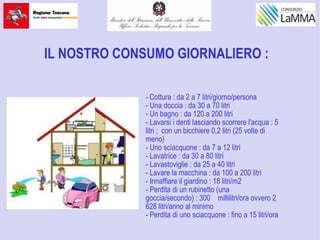 - Cottura : da 2 a 7 litri/giorno/persona
- Una doccia : da 30 a 70 litri
- Un bagno : da 120 a 200 litri
- Lavarsi i denti lasciando scorrere l'acqua : 5
litri ; con un bicchiere 0,2 litri (25 volte di
meno)
- Uno sciacquone : da 7 a 12 litri
- Lavatrice : da 30 a 80 litri
- Lavastoviglie : da 25 a 40 litri
- Lavare la macchina : da 100 a 200 litri
- Innaffiare il giardino : 18 litri/m2
- Perdita di un rubinetto (una
goccia/secondo) : 300 millilitri/ora ovvero 2
628 litri/anno al minimo
- Perdita di uno sciacquone : fino a 15 litri/ora
IL NOSTRO CONSUMO GIORNALIERO :
 