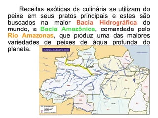 Receitas exóticas da culinária se utilizam do peixe em seus pratos principais e estes são buscados na maior  Bacia Hidrográfica  do mundo, a  Bacia Amazônica , comandada pelo  Rio Amazonas , que produz uma das maiores variedades de peixes de água profunda do planeta. 