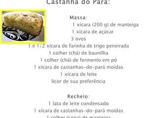 Ingredientes para o Bolo de  Castanha do Pará: Massa :   1 xícara (200 g) de manteiga   1 xícara de açúcar 3 ovos 1 e 1/2 xícara de farinha de trigo peneirada 1 colher (chá) de baunilha 1 colher (chá) de fermento em pó 1 xícara de castanhas-do-pará moídas 1 xícara de leite licor de sua preferência Recheio : 1 lata de leite condensado 1 xícara de castanhas-do-pará moídas 1 colher (sopa) de manteiga 
