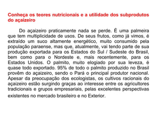 Conheça os teores nutricionais e a utilidade dos subprodutos do açaizeiro Do açaizeiro praticamente nada se perde. É uma palmeira que tem multiplicidade de usos. De seus frutos, como já vimos, é extraído um suco altamente energético, muito consumido pela população paraense, mas que, atualmente, vai tendo parte de sua produção exportada para os Estados do Sul / Sudeste do Brasil, bem como para o Nordeste e, mais recentemente, para os Estados Unidos. O palmito, muito elogiado por sua leveza, é quase todo exportado. 95% de todo o palmito produzido no Brasil provêm do açaizeiro, sendo o Pará o principal produtor nacional. Apesar da preocupação dos ecologistas, os cultivos racionais do açaizeiro estão surgindo graças ao interesse entre os agricultores tradicionais e grupos empresariais, pelas excelentes perspectivas existentes no mercado brasileiro e no Exterior.   