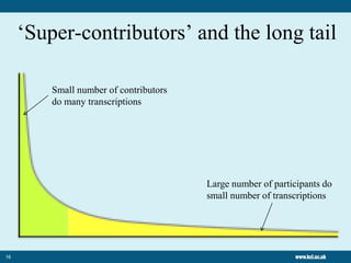 16
‘Super-contributors’ and the long tail
Small number of contributors
do many transcriptions
Large number of participants do
small number of transcriptions
 