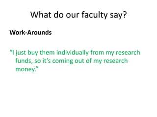 What do our faculty say?
Work-Arounds

“I just buy them individually from my research
   funds, so it’s coming out of my research
   money.”
 