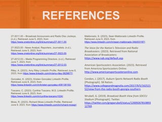 REFERENCES
27-3011.00 – Broadcast Announcers and Radio Disc Jockeys.
(n.d.). Retrieved June 5, 2023, from
https://www.onetonline.org/link/summary/27-3011.00.
27-3023.00 - News Analyst, Reporters, Journalists. (n.d.).
Retrieved June 5, 2023, from
https://www.onetonline.org/link/summary/27-3023.00.
27-2012.03 – Media Programming Directors. (n.d.). Retrieved
June 7, 2023, from
https://www.onetonline.org/link/summary/27-2012.03.
Riley, A. (2023). Amy Riley LinkedIn Profile. Retrieved June 8,
2023, from https://www.linkedin.com/in/amy-riley-3629677/.
Gonzalez, K. (2023). Kristen Gonzalez LinkedIn Profile.
Retrieved June 8, 2023, from
https://www.linkedin.com/in/kristen-gonzalez-406138150/.
Toscano, C. (2023). Cynthia Toscano, M.S. LinkedIn Profile.
Retrieved June 8, 2023, from
https://www.linkedin.com/in/cynthia-toscano1024/.
Moss, R. (2023). Richard Moss LinkedIn Profile. Retrieved
June 9, 2023, from https://www.linkedin.com/in/richard-mossjr/.
Maldonado, S. (2023). Sean Maldonado LinkedIn Profile.
Retrieved June 9, 2023, from
https://www.linkedin.com/in/sean-maldonado-34b003187/.
The Voice for the Nation's Television and Radio
Broadcasters. (2023). Retrieved from National
Association of Broadcasters:
https://www.nab.org/default.asp.
American Sportscasters Association. (2023). Retrieved
from Americna Sportscasters Online:
http://www.americansportscastersonline.com.
Condon, J. (2017). Auburn Sports Network Radio Booth
[Photograph]. SB Nation.
https://www.collegeandmagnolia.com/2017/9/5/162521
52/view-from-the-radio-booth-georgia-southern.
Wrubell, G. (2019). Broadcast Booth View from SDCCU
Stadium [Photograph]. Twitter.
https://twitter.com/gregwrubell/status/12009267810893
12769.
 