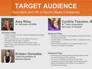 Recruiters and HR of Sports Media Companies
TARGET AUDIENCE
Amy Riley
Outreach Plan:
• Create website/YouTube channel displaying capabilities
in sports media.
• Plan to connect with her and others that she is
connected with as well on LinkedIn.
• Continue to check ESPN careers page for job
opportunities and reaching out when a position of
desire opens.
Sr. Recruiter at ESPN
Cynthia Toscano, M
Outreach Plan:
• Develop resume/demo reel displaying sports and media
knowledge and skills.
• Connect with on LinkedIn and follow companies' social
media pages.
• Check for local events in Los Angeles being run by
Fanduel to increase interaction.
Sr. Talent Acquisition
Recruiter at Fanduel
Kristen Gonzalez Outreach Plan:
• Increase social media following through sports takes
and sports blog/YouTube channel.
• Connect on LinkedIn as well as interact with
companies' social media pages about sports topics.
• Attend local Barstool sport events and check for
potential job openings.
Talent Acquisition at
Barstool Sports
 