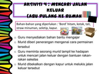 AKTIVITI 4 : MENCARI JALAN
KELUAR
(ABU PULANG KE RUMAH)
o Guru menyediakan bahan bantu mengajar
o Murid diberi penerangan mengenai cara permainan
tersebut
o Guru meminta seorang murid tampil ke hadapan
untuk mencari jalan keluar dengan bantuan rakan-
rakan sekelas
o Murid dibekalkan dengan kapur untuk melukis jalan
keluar tersebut
Bahan-bahan yang diperlukan : ‘Bord’ hitam, kotak, tali,
straw minuman, seletip, kapur.
 