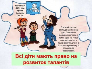 Всі діти мають право на
розвиток талантів
Конвенція
ООН про
права
дитини
Ст. 29
В кожній дитині
закладений певний
дар. Завдання
держави полягає в
тому, щоб не лише
вчасно помітити
талановитих дітей, а
й сприяти розвитку їх
талантів та
обдаровань
 