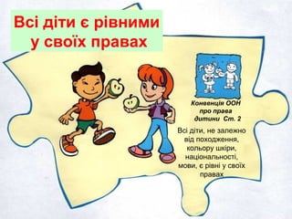Всі діти є рівними
у своїх правах
Конвенція ООН
про права
дитини Ст. 2
Всі діти, не залежно
від походження,
кольору шкіри,
національності,
мови, є рівні у своїх
правах
 