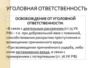 УГОЛОВНАЯ ОТВЕТСТВЕННОСТЬ
ОСВОБОЖДЕНИЕОТ УГОЛОВНОЙ
ОТВЕТСТВЕННОСТИ:
В связи с деятельным раскаянием (ст.75 УК
РФ) – т.е. при добровольной явке с повинной,
способствовании раскрытию преступления и
возмещению причиненного вреда
При возмещении причинённого ущерба, либо
ином заглаживании вреда, в связи с
примирением с потерпевшим (ст. 76 УК РФ)
 