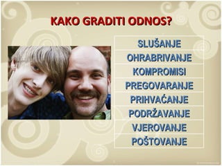 KAKO GRADITI ODNOS? POŠTOVANJE VJEROVANJE PODRŽAVANJE PRIHVAĆANJE PREGOVARANJE KOMPROMISI OHRABRIVANJE SLUŠANJE 