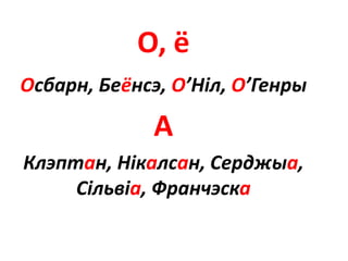 О, ё
Осбарн, Беёнсэ, О’Ніл, О’Генры
А
Клэптан, Нікалсан, Серджыа,
Сільвіа, Франчэска
 