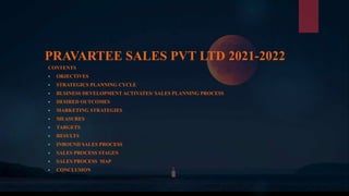 PRAVARTEE SALES PVT LTD 2021-2022
CONTENTS
 OBJECTIVES
 STRATEGICS PLANNING CYCLE
 BUSINESS DEVELOPMENT ACTIVATES/ SALES PLANNING PROCESS
 DESIRED OUTCOMES
 MARKETING STRATEGIES
 MEASURES
 TARGETS
 RESULTS
 INBOUND SALES PROCESS
 SALES PROCESS STAGES
 SALES PROCESS MAP
 CONCLUSION
 