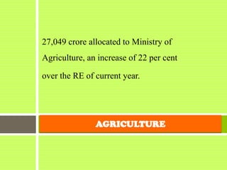 27,049 crore allocated to Ministry of
Agriculture, an increase of 22 per cent
over the RE of current year.
AGRICULTURE
 