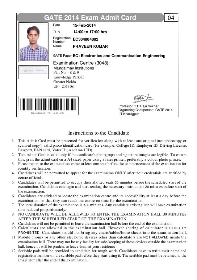 Praveen Admit Card Of Gate 2014