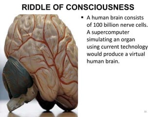 RIDDLE OF CONSCIOUSNESS
 A human brain consists
of 100 billion nerve cells.
A supercomputer
simulating an organ
using current technology
would produce a virtual
human brain.
30
 