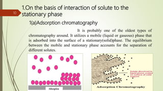 1.On the basis of interaction of solute to the
stationary phase
1(a)Adsorption chromatography
It is probably one of the oldest types of
chromatography around. It utilizes a mobile (liquid or gaseous) phase that
is adsorbed into the surface of a stationary(solid)phase. The equilibrium
between the mobile and stationary phase accounts for the separation of
different solutes.
10
 
