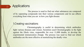 Applications
The process is used to find out what substances are composed
of by separating compounds into their various components and its use affects
everything from what you eat to how you fight disease
1.Creating vaccinations
Chromatography is useful in determining which antibodies
fight various diseases and viruses. Scientists used Chromatography in the fight
against the Ebola virus, responsible for over 11,000 deaths, to develop the
experimental immunization Zmapp. The process was used to find out which
antibodies are the most effective at neutralizing the deadly virus
22
 
