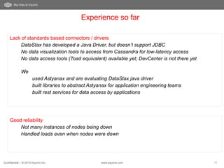 Confidential – © 2013 Equinix Inc. www.equinix.com 13
Big Data at Equinix
Experience so far
Lack of standards based connectors / drivers
DataStax has developed a Java Driver, but doesn’t support JDBC
No data visualization tools to access from Cassandra for low-latency access
No data access tools (Toad equivalent) available yet; DevCenter is not there yet
We
used Astyanax and are evaluating DataStax java driver
built libraries to abstract Astyanax for application engineering teams
built rest services for data access by applications
Good reliability
Not many instances of nodes being down
Handled loads even when nodes were down
 