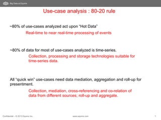 Confidential – © 2013 Equinix Inc. www.equinix.com 5
Big Data at Equinix
Use-case analysis : 80-20 rule
~80% of use-cases analyzed act upon “Hot Data”
~80% of data for most of use-cases analyzed is time-series.
All “quick win” use-cases need data mediation, aggregation and roll-up for
presentment.
Real-time to near real-time processing of events
Collection, processing and storage technologies suitable for
time-series data.
Collection, mediation, cross-referencing and co-relation of
data from different sources; roll-up and aggregate.
 