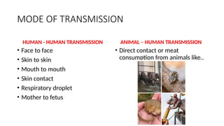 MODE OF TRANSMISSION
HUMAN - HUMAN TRANSMISSION
• Face to face
• Skin to skin
• Mouth to mouth
• Skin contact
• Respiratory droplet
• Mother to fetus
ANIMAL – HUMAN TRANSMISSION
• Direct contact or meat
consumption from animals like..
 