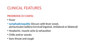 CLINICAL FEATURES
PRODROME (0-5 DAYS):
• Fever
• Lymphadenopathy (Occurs with fever onset,
periauricular/axillary/cervical/inguinal, Unilateral or bilateral)
• Headache, muscle ache & exhaustion
• Chills and/or sweats
• Sore throat and cough
 