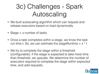 3c) Challenges - Spark
Autoscaling
• We built autoscaling algorithm which can request and
release executors based on load dynamically
• Stage = x number of tasks
• Once a task completes within a stage, we know the task
run time t. So, we can estimate the stageRuntime = x * t
• We try to complete the stage within a threshold
(conﬁgurable). if the stage is expected to take more time
than threshold, we upscale. We determine the number of
executors required to complete the stage within expected
time, and add requests.
 