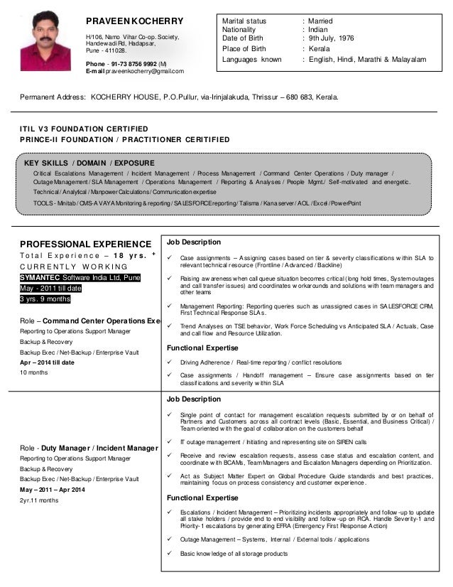 Certified itil resume