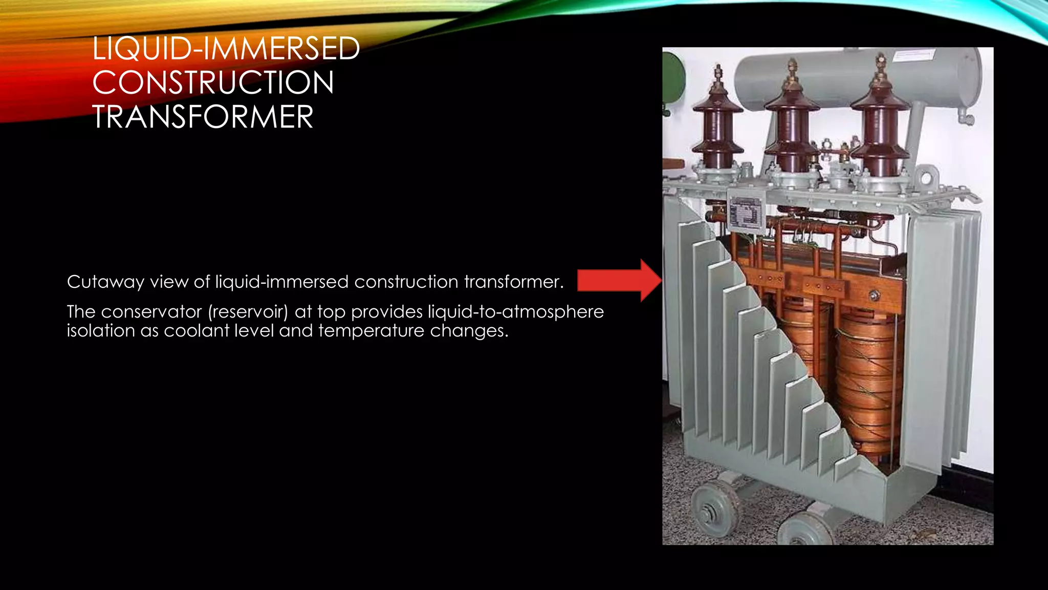 LIQUID-IMMERSED
CONSTRUCTION
TRANSFORMER
Cutaway view of liquid-immersed construction transformer.
The conservator (reservoir) at top provides liquid-to-atmosphere
isolation as coolant level and temperature changes.
 