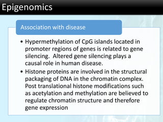 • Hypermethylation of CpG islands located in
promoter regions of genes is related to gene
silencing. Altered gene silencing plays a
causal role in human disease.
• Histone proteins are involved in the structural
packaging of DNA in the chromatin complex.
Post translational histone modifications such
as acetylation and methylation are believed to
regulate chromatin structure and therefore
gene expression
Association with disease
Epigenomics
 