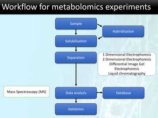 Workflow for metabolomics experiments
1 Dimensional Electrophoresis
2 Dimensional Electrophoresis
Differential Image Gel
Electrophoresis
Liquid chromatography
Database
Hybridisation
Data analysis
Validation
Sample
Solubilisation
Separation
Mass Spectroscopy (MS)
 