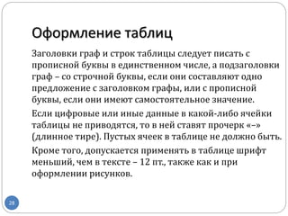 Заголовки граф и строк таблицы следует писать с
прописной буквы в единственном числе, а подзаголовки
граф – со строчной буквы, если они составляют одно
предложение с заголовком графы, или с прописной
буквы, если они имеют самостоятельное значение.
Если цифровые или иные данные в какой-либо ячейки
таблицы не приводятся, то в ней ставят прочерк «–»
(длинное тире). Пустых ячеек в таблице не должно быть.
Кроме того, допускается применять в таблице шрифт
меньший, чем в тексте – 12 пт., также как и при
оформлении рисунков.
Оформление таблиц
28
 