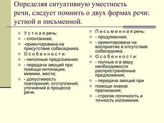 Определяя ситуативную уместность речи, следует помнить о двух формах речи: устной и письменной. 
У с т н а я речь: 
- спонтанная; 
-ориентирована на присутствие собеседника. 
О с о б е н н о с т и: 
- неполные предложения; 
- передача эмоций при помощи интонации, мимики, жеста; 
- допустимость повторений, отступлений, уточнений в процессе речи. 
П и с ь м е н н а я речь: 
- продуманная; 
- ориентирована на восприятие в отсутствие собеседника. 
О с о б е н н о с т и: 
- полные и в меру необходимости распространённые предложения; 
- передача эмоций при 
помощи знаков препинания; 
- строгая логичность и точность изложения.  