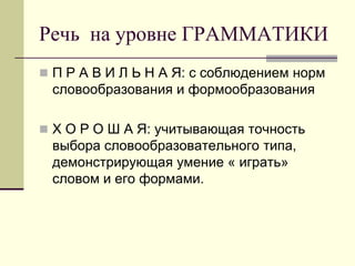 Речь на уровне ГРАММАТИКИ 
П Р А В И Л Ь Н А Я: с соблюдением норм словообразования и формообразования 
Х О Р О Ш А Я: учитывающая точность выбора словообразовательного типа, демонстрирующая умение « играть» словом и его формами.  