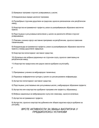 2) Креирање програма стручног усавршавања у школи;
3) Координисање израде школског програма;
4) Руковођење стручним друштвом на градском, односно регионалном или републичком
нивоу;
5) Коауторство истраживачког пројекта у вези са унапређивањем образовно-васпитне
праксе;
6) Подстицање и укључивање запослених у школи на различите облике стручног
усавршавања;
7) Пласман ученика које је наставник припремао на републичким, односно савезним
такмичењима;
8) Координација истраживачког пројекта у вези са унапређивањем образовно-васпитне
праксе у оквиру друштвене заједнице;
9) Коауторство патентираног наставног средства;
10) Излагање или вођење радионице на стручном скупу, односно саветовању на
републичком нивоу;
11) Коауторство приручника или радне свеске одобрене за употребу.
Г
1) Припремање ученика за међународна такмичења;
2) Подизање информатичке културе у школи са циљем размене информација;
3) Ауторство патентираног наставног средства;
4) Подстицање, учествовање или укључивање школе у међународне образовне пројекте;
5) Ауторство или коауторство одобреног програма или пројекта у образовању;
6) Вођење радионице на међународном скупу или семинару, односно излагање;
7) Ауторство истраживачког пројекта;
8) Ауторство, односно коауторство уџбеника или збирке задатака која је одобрена за
употребу.
ВРСТЕ АКТИВНОСТИ ЗА ЗВАЊА ВАСПИТАЧА У
ПРЕДШКОЛСКОЈ УСТАНОВИ
 