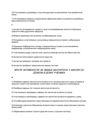 10) Учествовање у руковођењу стручним друштвом на регионалном или републичком
нивоу;
11) Остваривање сарадње са друштвеном заједницом којом се доприноси унапређењу
рада предшколске установе.
Г
1) Ауторство истраживачког пројекта у вези са унапређивањем васпитно-образовне
праксе на нивоу друштвене заједнице;
2) Вођење радионице или излагање на међународном скупу;
3) Иницирање и учествовање у укључивању предшколске установе у међународни
пројекат;
4) Подизање информатичке културе у предшколској установи са циљем размене
информација на републичком и међународном нивоу;
5) Учествовање у раду стручних тела, односно комисија центра или Министарства;
6) Ауторство патентираног дидактичког средства;
7) Ауторство одобреног програма или пројекта;
8) Ауторство одобреног приручника или радних листова.
ВРСТЕ АКТИВНОСТИ ЗА ЗВАЊА ВАСПИТАЧА У ШКОЛИ СА
ДОМОМ И ДОМУ УЧЕНИКА
А
1) Извођење најмање две васпитне активности из програма васпитног рада на којима је
присутан студент или приправник са ментором и њихово заједничко анализирање;
2) Извођење најмање пет огледних васпитних активности;
3) Учествовање у припремању најмање пет васпитних активности у дому;
4) Учествовање у анализирању најмање пет васпитних активности одржаних у дому;
5) Употреба аудио-визуелних средстава ради остваривања васпитно-образовних циљева;
6) Иновације у васпитно-образовним активностима и и њихово представљање стручном
органу дома;
7) Објављивање приказа стручног рада или књиге у стручном часопису;
 