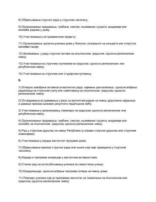 8) Објављивање стручног рада у стручном часопису;
9) Организовање предавања, трибине, смотре, књижевних сусрета, академије или
изложбе радова у дому;
10) Учествовање у истраживачком пројекту;
11) Организовање одласка ученика дома у биоскоп, позориште на концерте или спортске
манифестације;
12) Ангажовање у раду стручног актива на општинском, градском, односно регионалном
нивоу;
13) Учествовање на стручним скуповима на градском, односно регионалном или
републичком нивоу;
14) Учествовање на стручном или студијском путовању.
Б
1) Огледно извођење активности васпитног рада, најмање два излагања, односно вођење
радионица на стручном скупу или саветовању на општинском, градском, односно
регионалном нивоу;
2) Остваривање истраживања у вези са васпитним радом на нивоу друштвене заједнице
и давање приказа њихових резултата педагошком већу;
3) Учествовање у организовању семинара на градском, односно регионалном или
републичком нивоу;
4) Организовање предавања, трибине, смотре, књижевних сусрета, академије или
изложбе на општинском, градском, односно регионалном нивоу;
5) Рад у стручном друштву на нивоу Републике (у управи стручног друштва или стручним
комисијама);
6) Учествовање у изради васпитног програма дома;
7) Објављивање приказа стручног рада или књиге која није преведена у стручном
часопису;
8) Израда и припрема иновације у васпитним активностима;
9) Стални рад на оспособљавању ученика за самостално учење;
10) Координација, односно вођење програма огледа на нивоу дома;
11) Пласман ученика које је припремао васпитач за такмичење на општинском или
градском, односно регионалном нивоу;
 