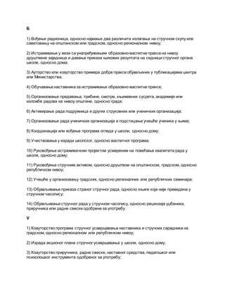 Б
1) Вођење радионица, односно најмање два различита излагања на стручном скупу или
саветовању на општинском или градском, односно регионалном нивоу;
2) Истраживање у вези са унапређивањем образовно-васпитне праксе на нивоу
друштвене заједнице и давање приказа њихових резултата на седници стручног органа
школе, односно дома;
3) Ауторство или коауторство примера добре праксе објављених у публикацијама центра
или Министарства;
4) Обучавање наставника за истраживање образовно-васпитне праксе;
5) Организовање предавања, трибине, смотре, књижевних сусрета, академије или
изложбе радова на нивоу општине, односно града;
6) Активирање рада подружница и других струковних или ученичких организација;
7) Организовање рада ученичких организација и подстицање учешће ученика у њима;
8) Координација или вођење програма огледа у школи, односно дому;
9) Учествовање у изради школског, односно васпитног програма;
10) Руковођење истраживачким пројектом усмереним на повећање квалитета рада у
школи, односно дому;
11) Руковођење стручним активом, односно друштвом на општинском, градском, односно
републичком нивоу;
12) Учешће у организовању градских, односно регионалних или републичких семинара;
13) Објављивање приказа страног стручног рада, односно књиге која није преведена у
стручном часопису;
14) Објављивање стручног рада у стручном часопису, односно рецензија уџбеника,
приручника или радне свеске одобрене за употребу.
V
1) Коауторство програма стручног усавршавања наставника и стручних сарадника на
градском, односно регионалном или републичком нивоу;
2) Израда акционог плана стручног усавршавања у школи, односно дому;
3) Коауторство приручника, радне свеске, наставног средства, педагошког или
психолошког инструмента одобреног за употребу;
 