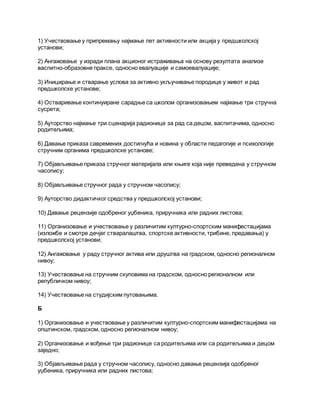1) Учествовање у припремању најмање пет активности или акција у предшколској
установи;
2) Ангажовање у изради плана акционог истраживања на основу резултата анализе
васпитно-образовне праксе, односно евалуације и самоевалуације;
3) Иницирање и стварање услова за активно укључивање породице у живот и рад
предшколске установе;
4) Остваривање континуиране сарадње са школом организовањем најмање три стручна
сусрета;
5) Ауторство најмање три сценарија радионице за рад са децом, васпитачима, односно
родитељима;
6) Давање приказа савремених достигнућа и новина у области педагогије и психологије
стручним органима предшколске установе;
7) Објављивање приказа стручног материјала или књиге која није преведена у стручном
часопису;
8) Објављивање стручног рада у стручном часопису;
9) Ауторство дидактичког средства у предшколској установи;
10) Давање рецензије одобреног уџбеника, приручника или радних листова;
11) Организовање и учествовање у различитим културно-спортским манифестацијама
(изложбе и смотре дечјег стваралаштва, спортске активности, трибине, предавања) у
предшколској установи;
12) Ангажовање у раду стручног актива или друштва на градском, односно регионалном
нивоу;
13) Учествовање на стручним скуповима на градском, односно регионалном или
републичком нивоу;
14) Учествовање на студијским путовањима.
Б
1) Организовање и учествовање у различитим културно-спортским манифестацијама на
општинском, градском, односно регионалном нивоу;
2) Организовање и вођење три радионице са родитељима или са родитељима и децом
заједно;
3) Објављивање рада у стручном часопису, односно давање рецензија одобреног
уџбеника, приручника или радних листова;
 