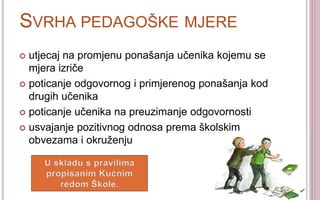 SVRHA PEDAGOŠKE MJERE
 utjecaj na promjenu ponašanja učenika kojemu se
mjera izriče
 poticanje odgovornog i primjerenog ...