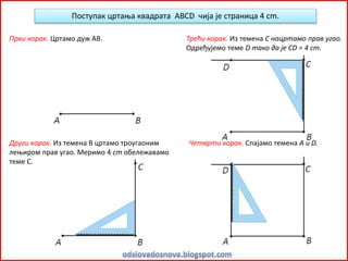 Поступак цртања квадрата ABCD чија је страница 4 cm.
Први корак. Цртамо дуж AB.
Други корак. Из темена В цртамо троугаоним
лењиром прав угао. Меримо 4 cm обележавамо
теме С.
Трећи корак. Из темена C нацртамо прав угао.
Одређујемо теме D тако да је CD = 4 cm.
Четврти корак. Спајамо темена А и D.
 