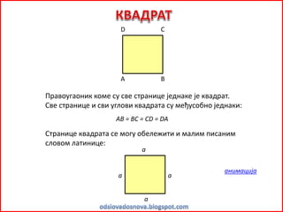 BА
CD
Правоугаоник коме су све странице једнаке је квадрат.
Све странице и сви углови квадрата су међусобнo једнаки:
Странице квадрата се могу обележити и малим писаним
словом латинице:
AB = BC = CD = DA
a
a a
a
анимација
 
