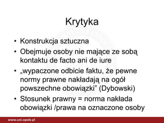 Krytyka
• Konstrukcja sztuczna
• Obejmuje osoby nie mające ze sobą
  kontaktu de facto ani de iure
• „wypaczone odbicie faktu, że pewne
  normy prawne nakładają na ogół
  powszechne obowiązki” (Dybowski)
• Stosunek prawny = norma nakłada
  obowiązki /prawa na oznaczone osoby
 