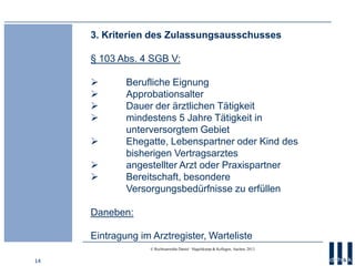 14
© Rechtsanwälte Daniel · Hagelskamp & Kollegen, Aachen, 2013
3. Kriterien des Zulassungsausschusses
§ 103 Abs. 4 SGB V:...